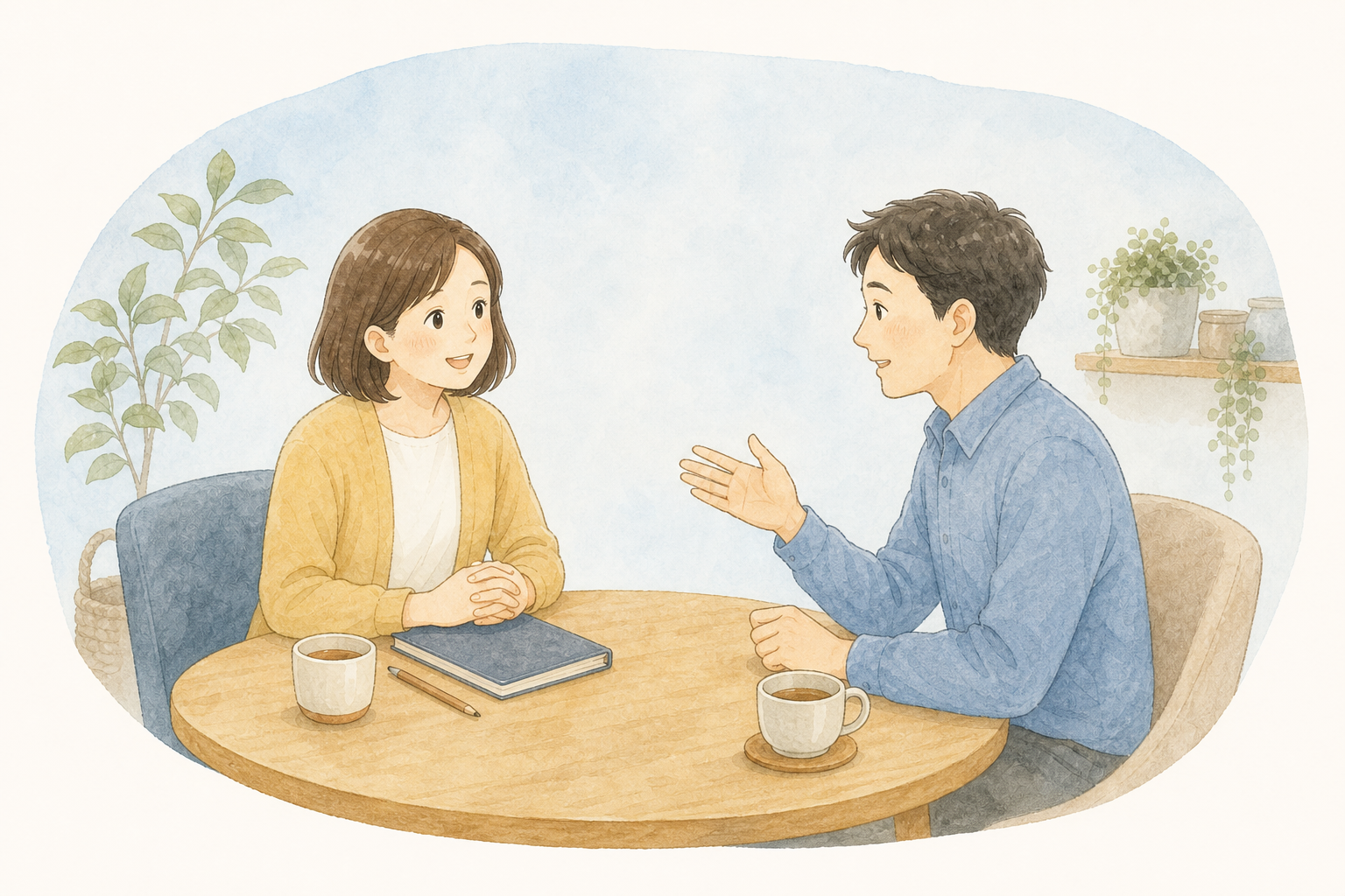 相談員が小さな会社の担当者の話を丁寧に聞いている水彩イラスト
