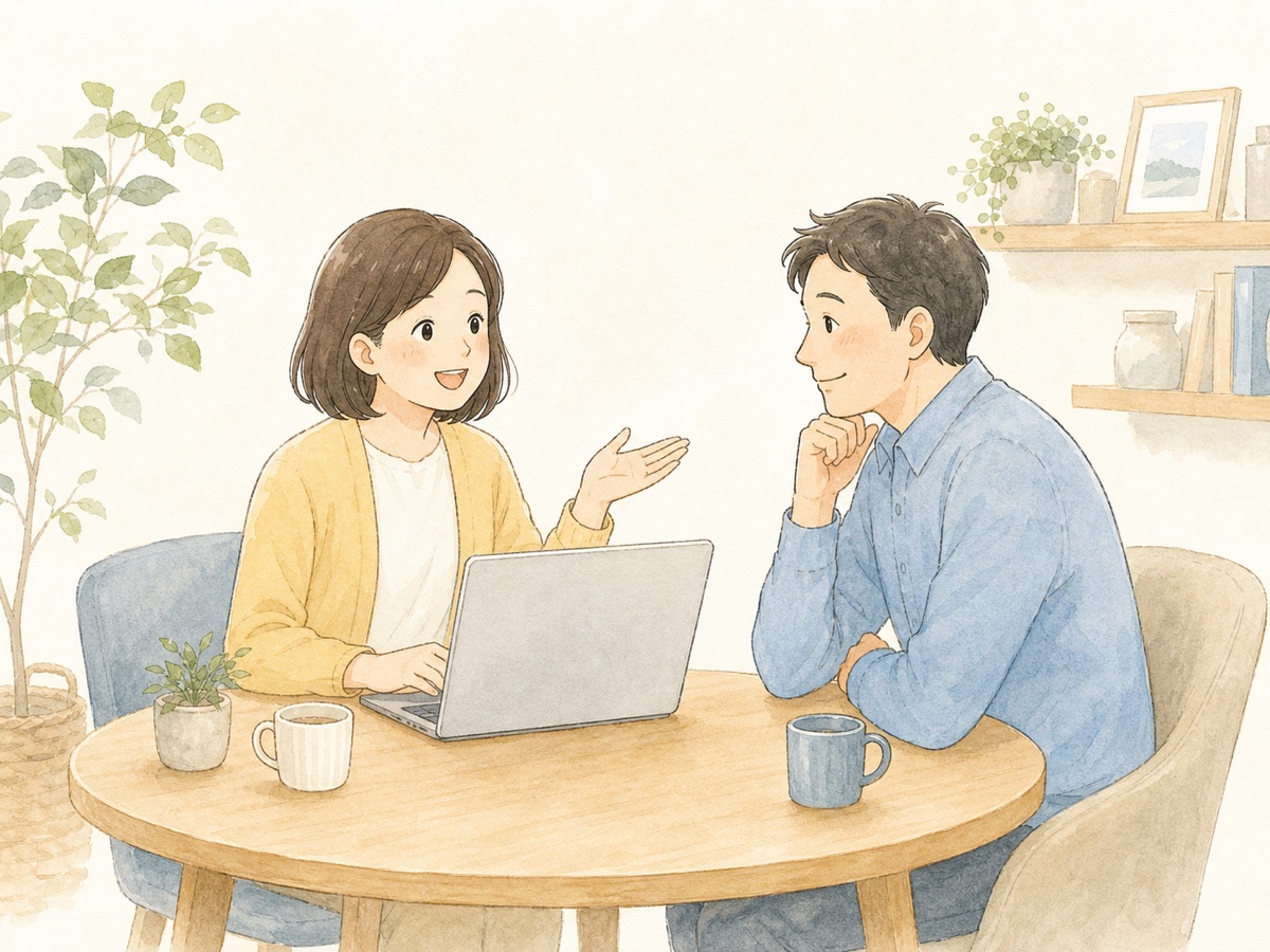 相談員と小さな会社の担当者が、テーブルでパソコンを見ながら穏やかに相談しているイラスト