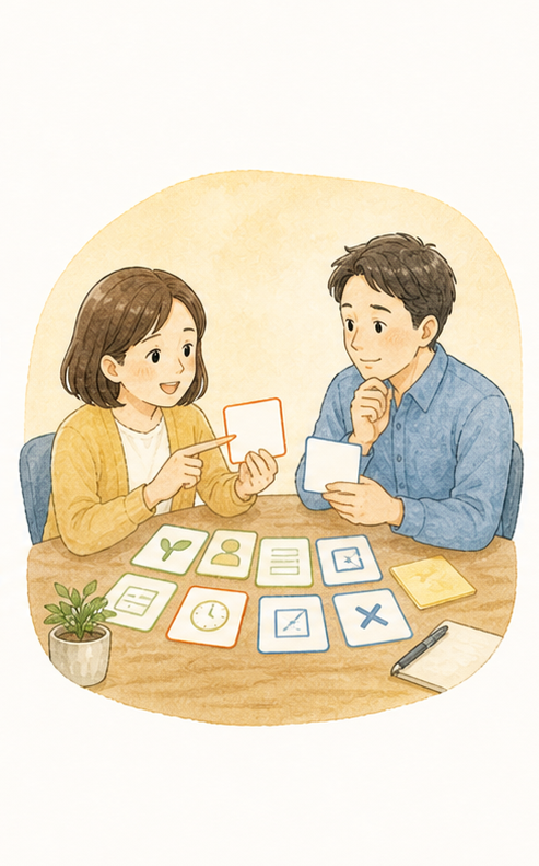 二人で業務カードを並べて課題を整理する水彩イラスト