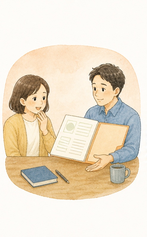 相談員が提案書を開いて分かりやすく説明する水彩イラスト