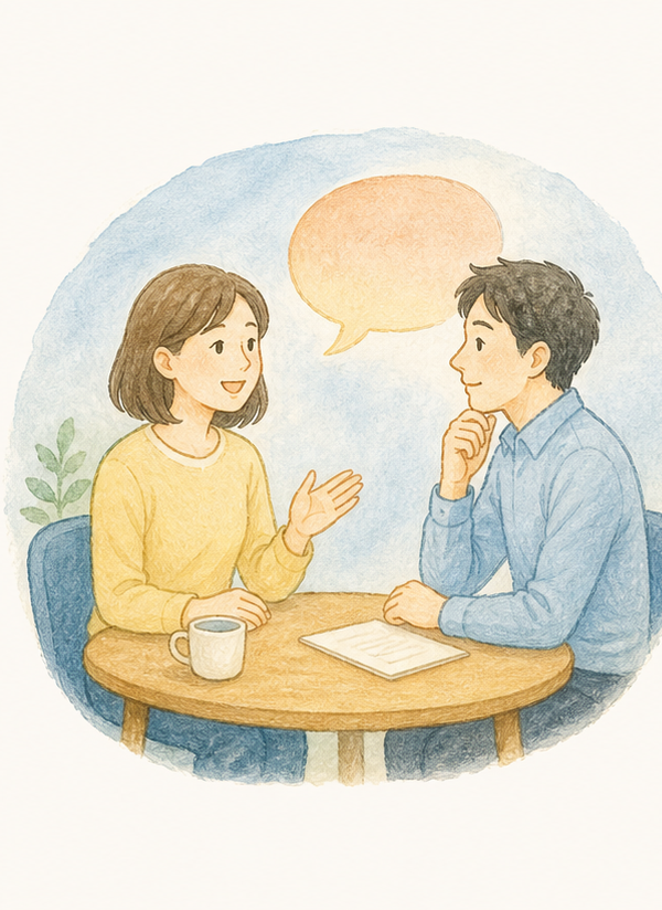 相談員と担当者がテーブルを囲んで話している水彩イラスト
