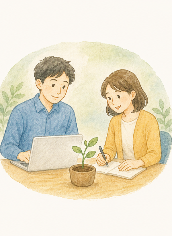 担当者と相談員がパソコンを見ながら一緒に取り組む水彩イラスト