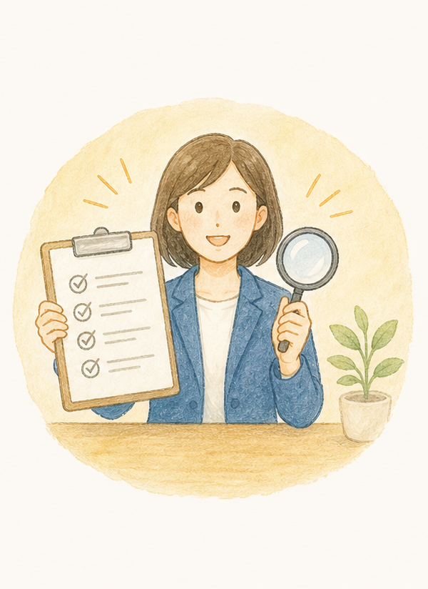 相談員がチェックリストと虫眼鏡を持って提案内容を確認する水彩イラスト