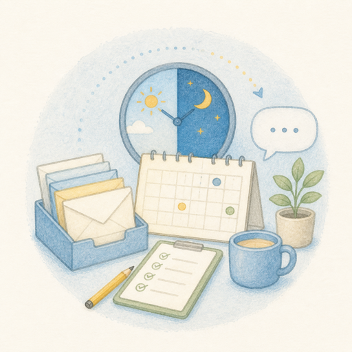 昼夜を通して予定、メール、タスクを支えるAI秘書を表現した水彩イラスト