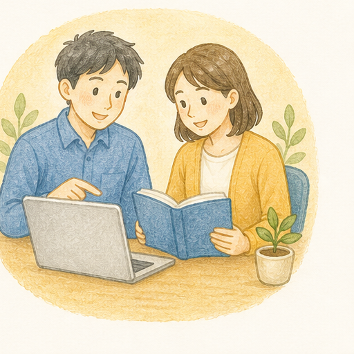 二人がパソコンと手引書を見ながら学ぶ水彩イラスト
