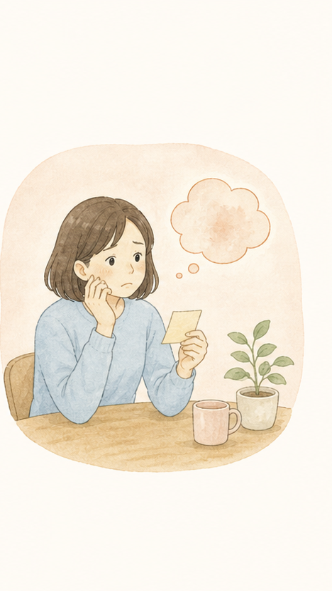 小さな悩みを相談してよいか迷っている人の水彩イラスト