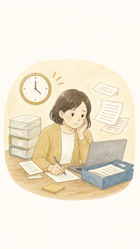 書類と日々の事務作業に追われている人の水彩イラスト
