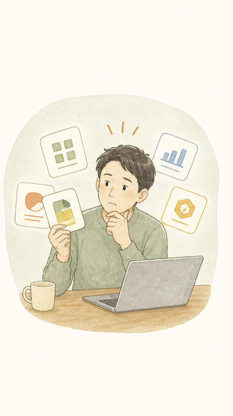 複数のツールを前にどれを選ぶか迷っている人の水彩イラスト