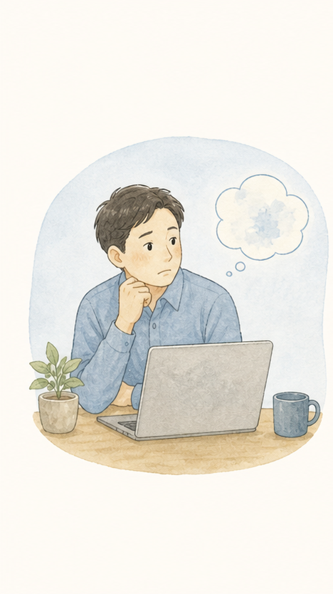 パソコンを前に自分の仕事でAIを使えるか考えている人の水彩イラスト